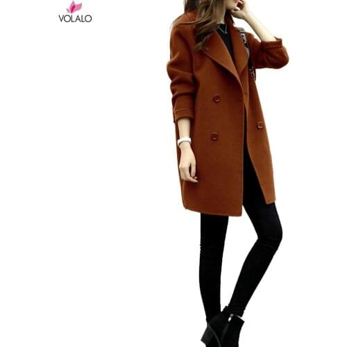 2021 New Women Jacket Autumn Winter Solid Color Lapel Double-breasted Midi Coat Woolen Outwear Lady Button-down Jacket