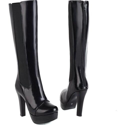 QPLYXCO Botas for Women Leather Boots Round Toe Zipper Knee High Boots Black Gothic Shoes High Heels Sexy Super big Size 50 702