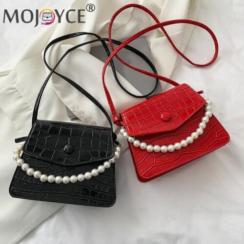 Women Solid Color Bag Stone Pattern PU Shoulder Fashion Pearl Crossbody Bags Women PU Leather Luxurious Messenger Bag