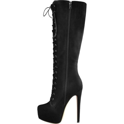 Womens Round Toe Black Stiletto Platform Zipper Knee High Boots16CM High Heel Pattern Lace Up Plus Size Boots For Winter