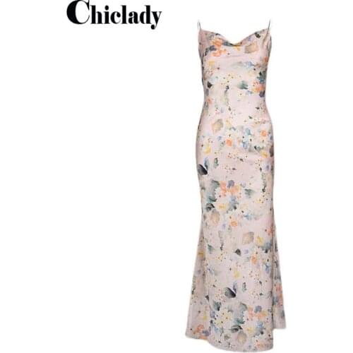 CHICLADY women sexy spaghetti strap camisole midi slimy dresses elegant spring summer flower printed satin robe de mujer fashion