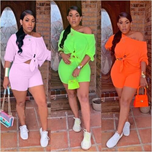 Women new summer three quarter length sleeve tie up hem off shoulder top shorts suit two piece set tracksuit outfit