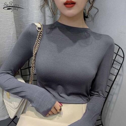 Women Pullover Slim O-neck Tops 2021 Fashion Korean Style Autumn Long Sleeve Solid Blouse Bottoming Shirts Blusas Mujer 11257