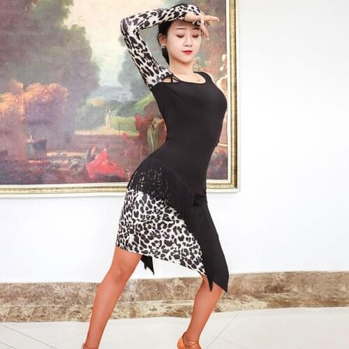Women Latin Dance Dress Leopard Patchwork Tassel Finger Hole Sleeve Dancing Cloth Samba Tango Chacha Dancing Performamnce TL607