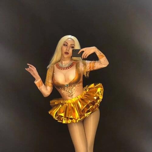 Women Sexy Gold Rhinestones Tassel Bodysuit Stage Dance Wear Leotard Costume Singer Performance Stretch Dance Outfit Bodysuit