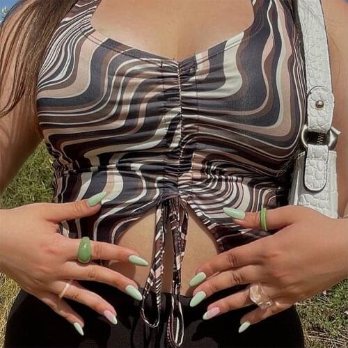 ZZSYKD 2021 Brown Wave Paisley Camis Crop Top Women Summer Aesthetic Y2k Gothic Body Bustier Clothes For Sexy Halter Tank Tops