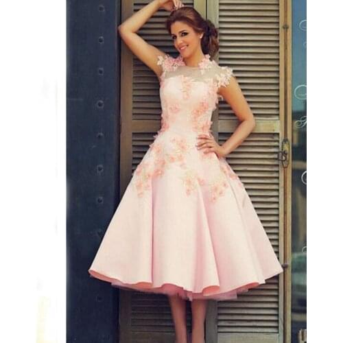 2020 Arabic ball gown short prom dresses tea length puffy satin and tulle 3D appliques cape sleeves formal homecoming evening