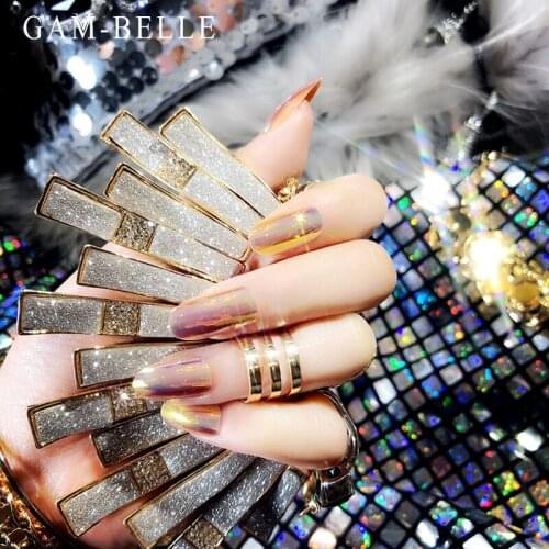 GAM-BELLE 24Pcs Punk Mirror False Nails Solid Color Full Cover Artificial Press on False Nails with Glue Manicure Beauty Tools