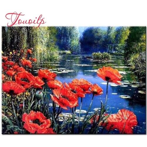 TOUOILP Full Square/Round Drill 5d DIY Diamond Painting"Meer met rode bloemen"Embroidery Cross Stitch Mosaic Home Decor Gift