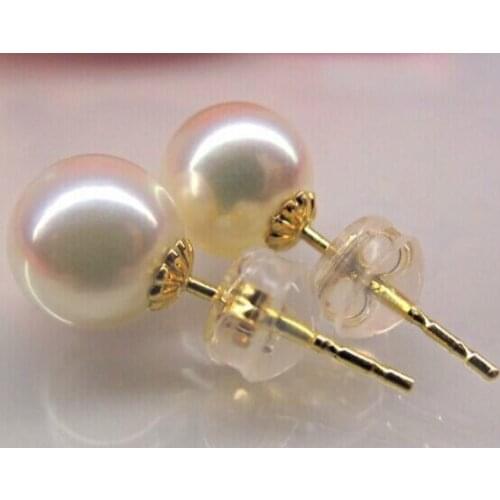 Free shipping gorgeous a pair 8-9mm Japanese AKoya round white pearl stud earring18k