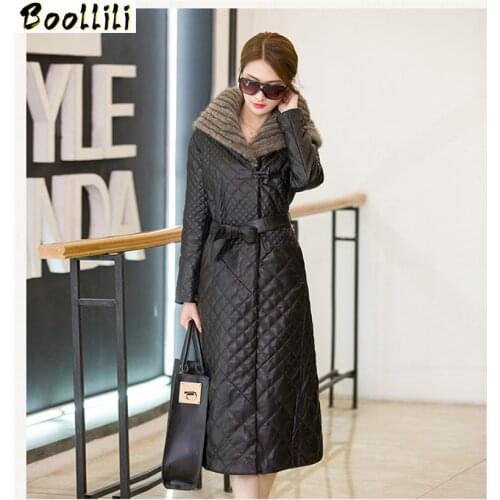 Boollili 2020 Womens Leather Down Jacket Winter Coat Female Fur Collar Hooded Jackets Women Long Parkas Jaqueta De Couro