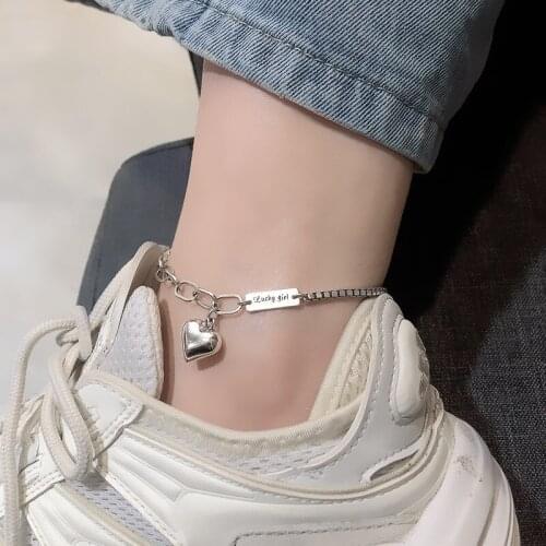 Delicate Handmade 925 Sterling Silver Love Heart Anklet Bracelet for Women Simple Jewelry Gift Letters Vintage Bracelet Anklet