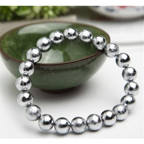9mm Genuine Natural Gibeon Iron Meteorite Sliver Plated Fashion Jewelry Bracelets For Women Mens Round Stretch Bead Bracelet