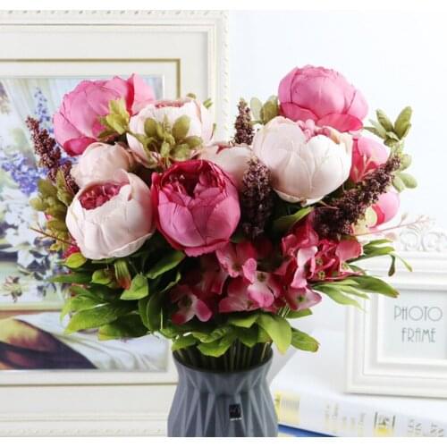 13 heads Bouque Artificial decoration Flowers silk flower European Fall Vivid Peony Fake Leaf Wedding Home Party Decoration