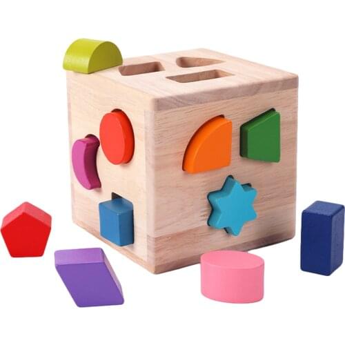 Baby Wooden Building Blocks Intelligence Box Shape Sorter Toy With 12 Geometric Shape Blocks Kids Educational Montessori Toy