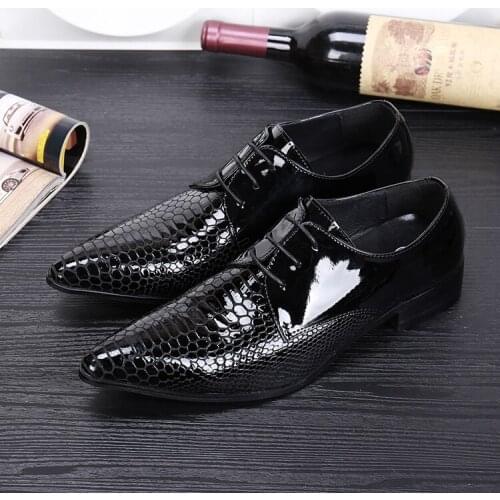 Italian crocodile skin mens patent leather black shoes formal office wedding shoes spiked loafers lace up oxford sepatu pria