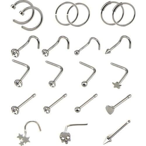 21Pcs=1 Set Crystal Nose Hoop Ring Set Bone Bar Pin Cartilage Piercing Studs Body Jewelry