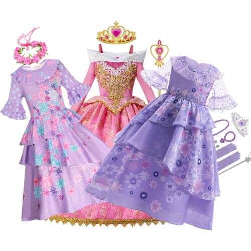 Little Girls Princess Aurora Costume Sleeveless Off Shoulder Sleeping Beauty Halloween Party Dress Up Children Birthday Clothes
