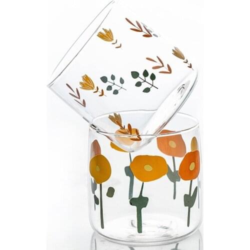 Flower Printing Creative Glass Coffee Flower Tea Juices Milk Cola Beer Glass Cup Home Kitchen Office Heat Resistant Drinkware