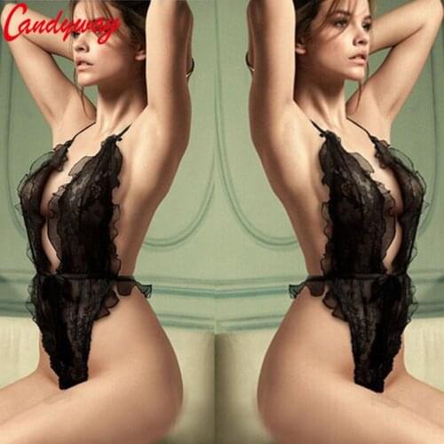 Fashion design V Deep sexy Bodysuit Hollow out Black Lace Babydolls costume erotic lingerie G-string hot perspective Clothes