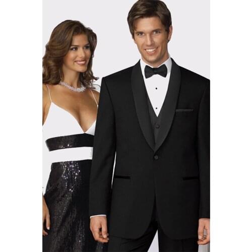 Custom Made to Measure Tailored mens BESPOKE SUITS,BLACK Groom Tuxedos with SATIN SHAWL LAPEL, 1 BUTTON(Jacket+Pants+Vest)