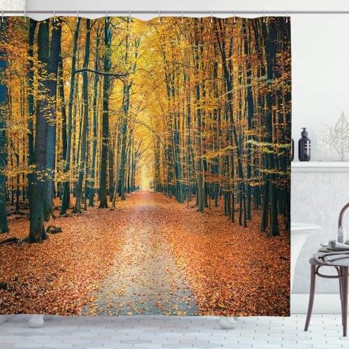 Olive Brown Forest Shower Curtain Romantic Autumn Alley The Woods Foliage Scenics Park Forest Image Bathroom Curtain