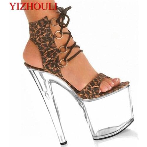 Sexy Leopard Cross Straps Sandals Lace-Up Suede Women Pumps High With 20CM High Heels Transparent Sole Dance Shoes