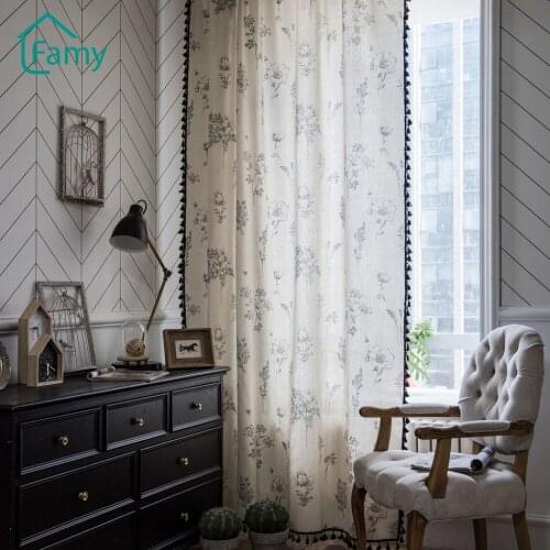 Half Blackout Curtain Floral Printed Curtins for Livingroom Bedroom American Tassel Cotton Linen Finished Drapes Home Decor