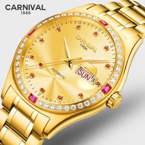 Luxury Gold Mechanical Watches CARNIVAL High end Automatic Watch Men MIYOTA Movement Calendar Week Sapphire Luminous Full Steel