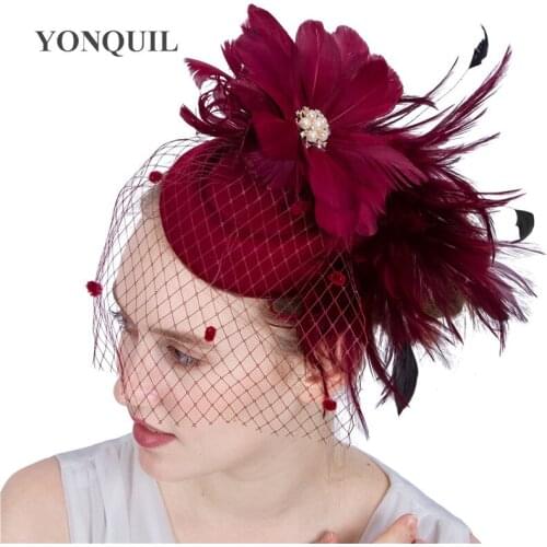 Feather Flower Pillbox Fascinator Hats Wedding With Hair Clips Bridal Netting Veils Hats On Winter Chapeau Caps Mesh Headpiece
