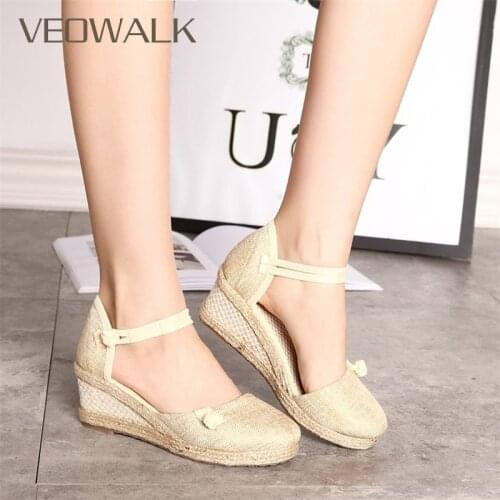 Veowalk Handmade Women Closed Toe Linen Wedge Espadrilles Sandals Summer Ladies Casual Ankle Strap Comfortable Platform Shoes