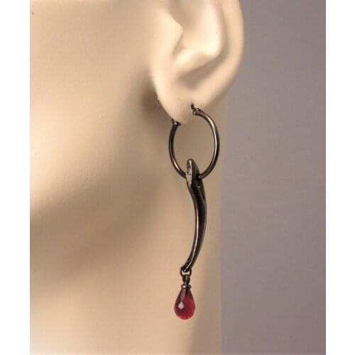 Fang Earring, Gothic Jewelry, Goth Fang Earring, Red Stone, Hoop Earring, Fang, Goth Jewelry, Vampire, Gothic, Goth Earring
