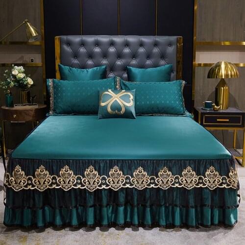 Jacquard Satin Bed Skirt Luxury Soft Sheets Bedding for Home Hotel Lace Ruffle Wrap Around Bed Easy Fit Bedspreads