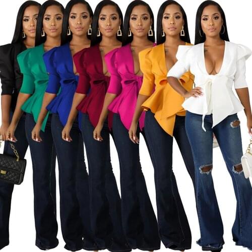 Women Sexy Fashion Solid V Neck Half Puff Sleeve Blouse with Bow Belt