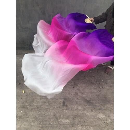 100% Silk Women New Belly Dance Fan Veils Gradient Color Purple White 1.8m