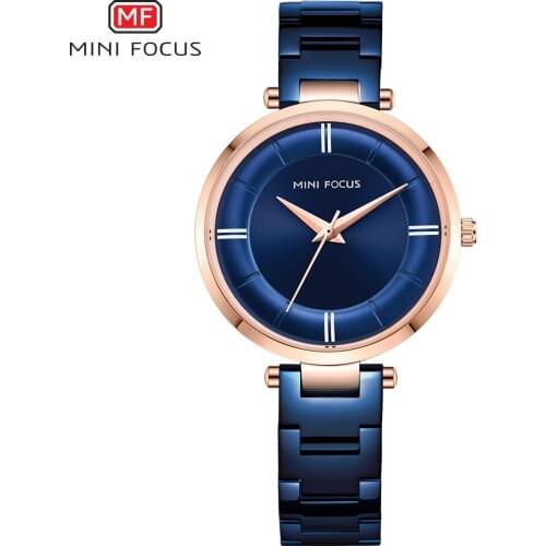 MINI FOCUS 2019 Fashion Elegant Ladies Watch Blue Stainless Steel Strap Rose Golden Bezel Top Brand Luxury Dress Women Watches