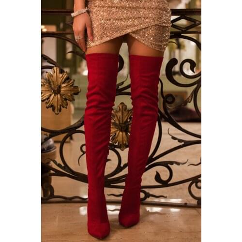 SHUJIN Women Overknee Boots High Heels BootsWoman Zip Shoes For Women Solid Leather Comfortable Thigh High Boots Shoes Red