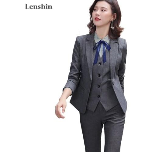 Lenshin 3 Pieces Business Suit Set for Women Office Lady Simple Style Work Wear Women Pant Suits Formal Blazer Vest Trouser