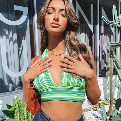 2021 Knitted Deep V Neck Crop Tops Women Summer Vintage Sexy Striped Bandage Backless Tank Top Female Casual Beach Tops Y2K