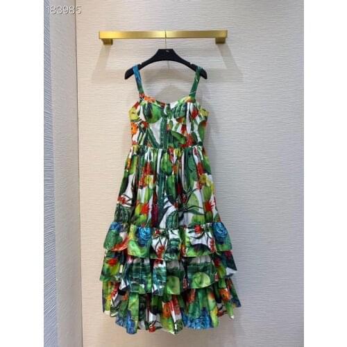 Fashion Runway Summer Dress 2020 New Women Spaghetti Strap Floral Print Sleeveless Empire Green Midi Popular Ruffles Dress
