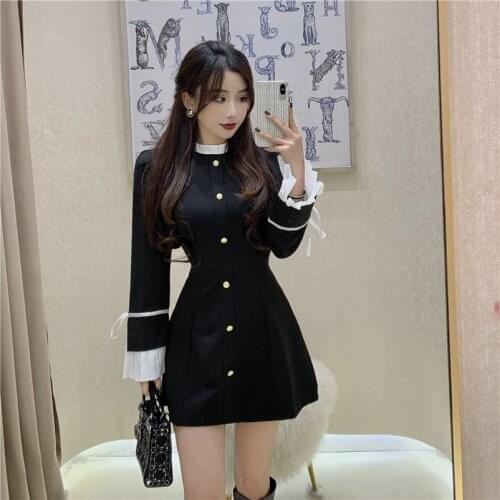 Preppy StylePreppy Style Autumn Women Button Mini Dress Stand Collar A-Line Vestidos Petal Sleeve Hit Color Sweet Dress