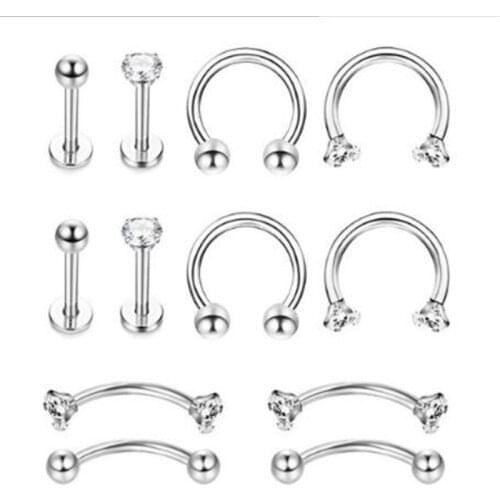 12pcs/lot Stainless Steel Punk Nose Rings Eyebrow Stud Body Piercing Nose Studs Punk Ear Bar Fashion Jewelry Gifts