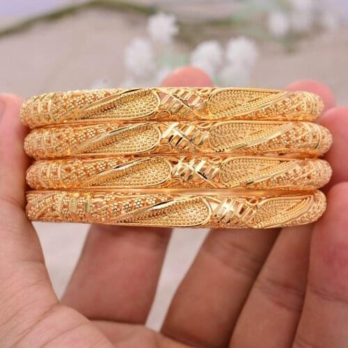 24k 4Pcs/lot Ethiopian Africa Gold Color Bangles for Women Dubai Bride Bracelet African Wedding Jewelry Middle East Items