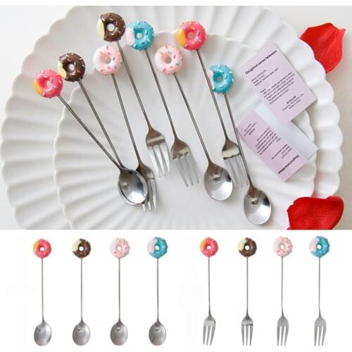 Stainless Steel Doughnut Dessert Spoon Fork Tea Coffee Ice Cream Tool Home Kitchen Mini Flatware Dinnerware Baby Kids Tableware
