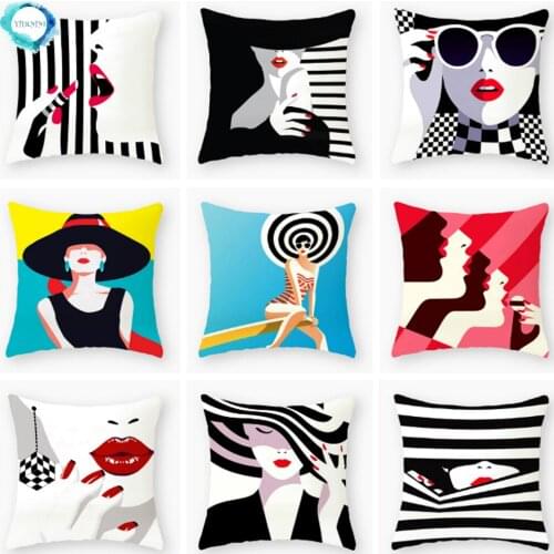 Girl Red Lips Stripe Decorative Polyester Throw Pillow Cover Bedside Cushion Pillowcase Sofa Decoration Pillowcover 45X45CM