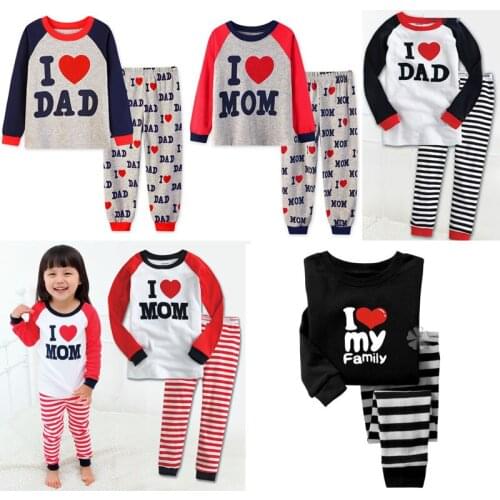 Kids I Love Dad Mom Family Pajamas Set Cotton T-shirt + Pants 2T-7T Boys Girls Autumn Winter Sleepwear Casual Wear SA2000