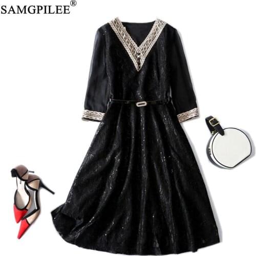 Elegant Dresses For Women 2021 New Korean Style Fashion Vintage Hook Flower Hollow V-neck Sequined Over The Knee Party Dress 4XL