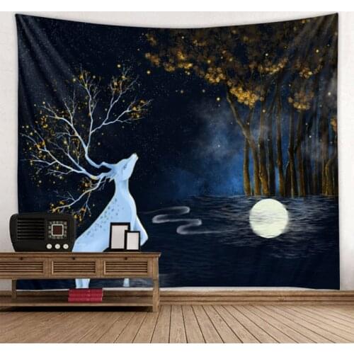Tapestry Wall Hanging Art Deco Blanket Curtain Hanging at Home Bedroom Living Room Decoration Dark Night Full Moon Flower Branch