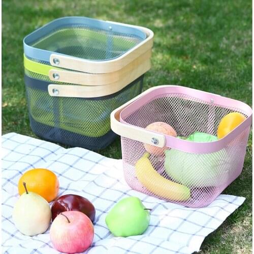 Candy Colors Storage Basket Wood Handle Fruit Vegatable Basket Etal Mesh Storage Bag Basket Organizer Home Organizer