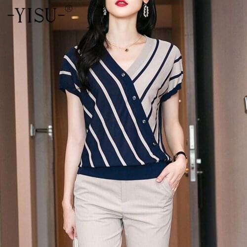 YISU Fashion Summer Women Sweater V-Neck Stitching Stripe Knitted pullove Short sleeve Summer tops Female Casual Thin Jumper